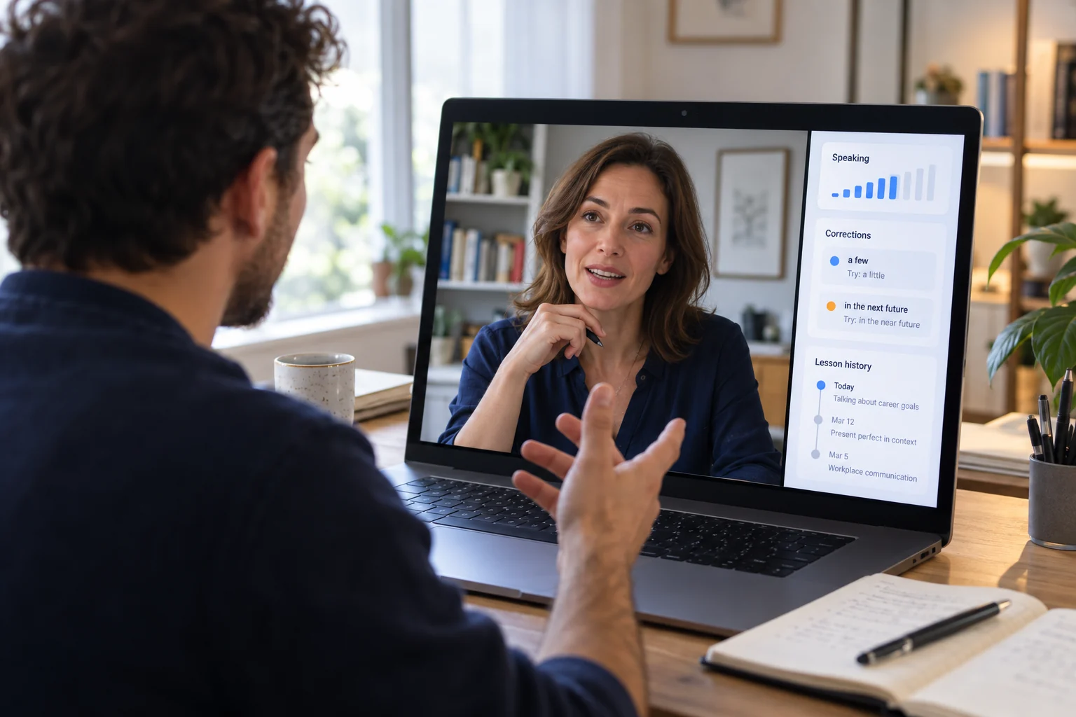 Un apprenant en visioconférence avec sa coach ; à côté d’elle, la plateforme montre sa prise de parole, ses corrections et l’historique de ses séances