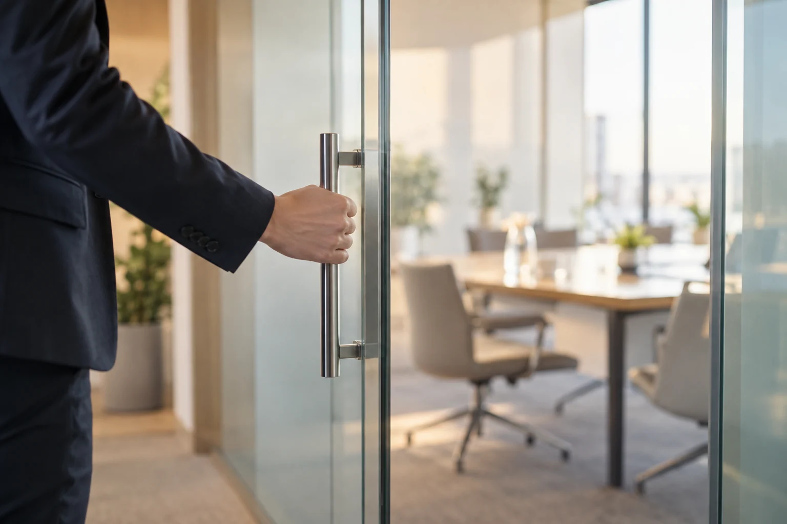Une main ouvre la porte vitrée d’une salle de réunion