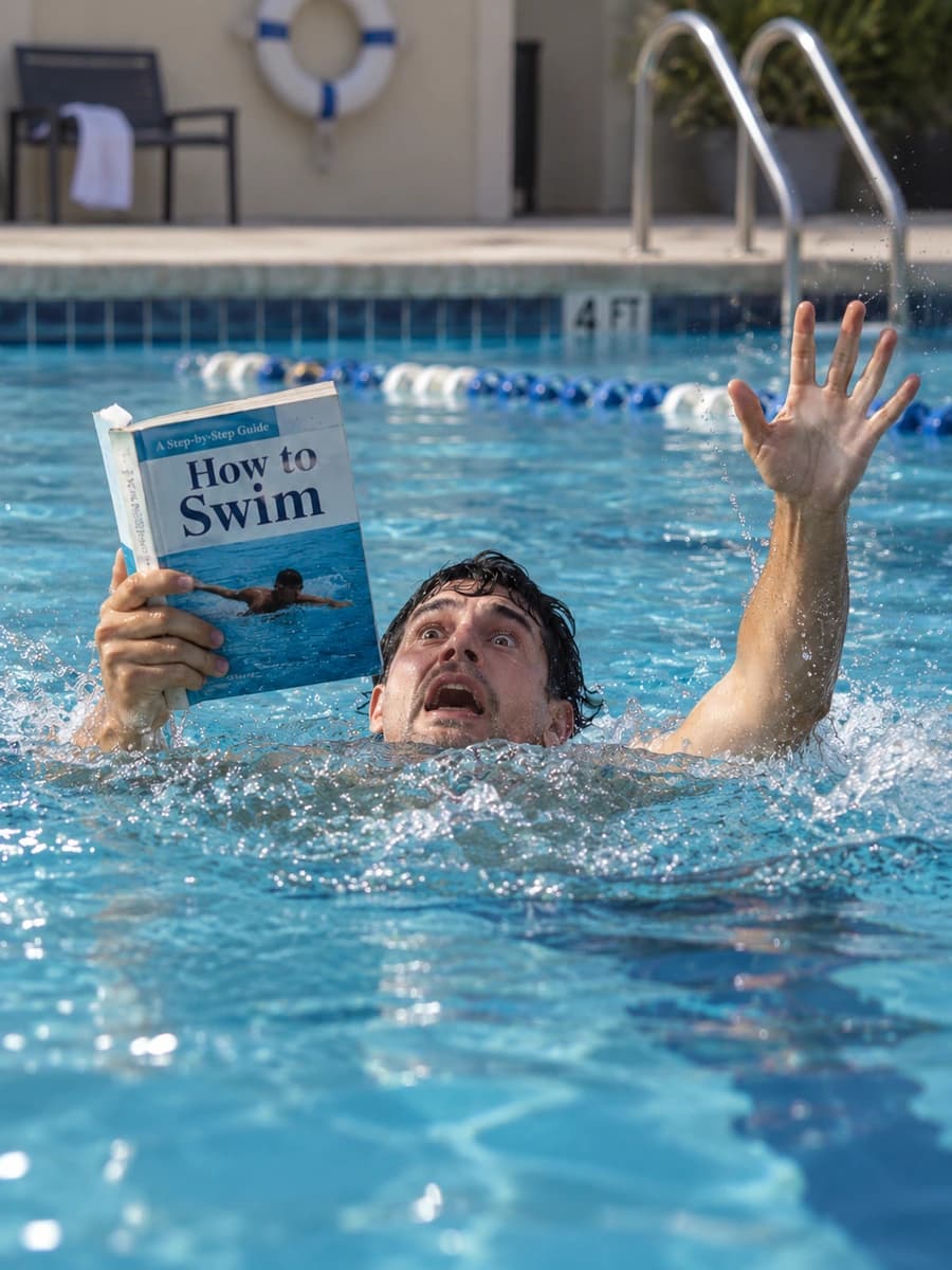 Un homme dans une piscine tient un livre intitulé How to Swim