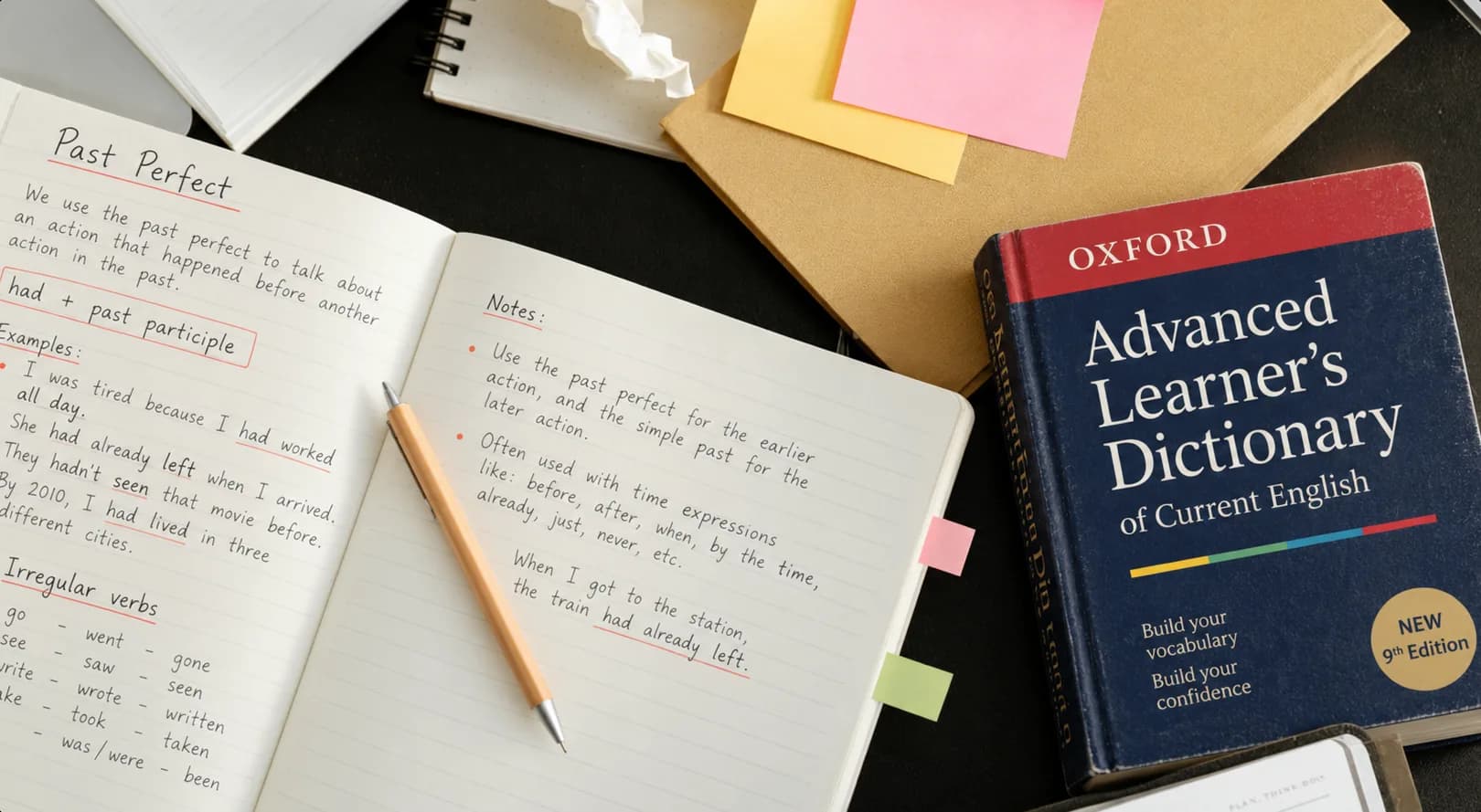 Cahier de grammaire annoté sur le past perfect, post-it et dictionnaire d’anglais posés sur un bureau